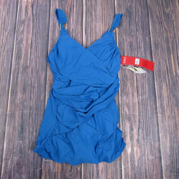 SPANX NEW NWT Womens 10 Blue Draped Swim Dress Shaping Tummy Control 2367 - Picture 1 of 6